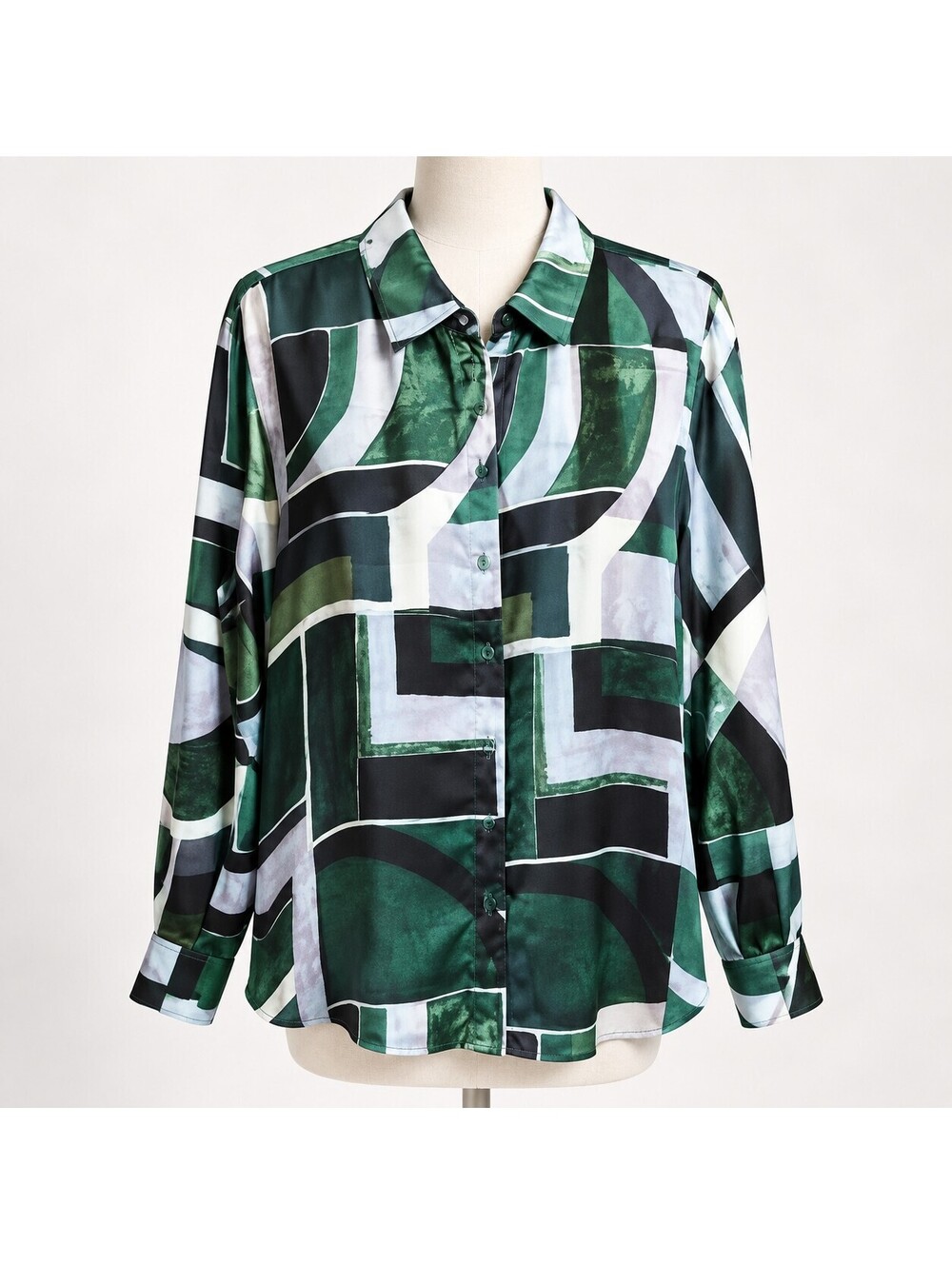 Lauren Ralph Lauren Geo Print Button Front Blouse Green Black White XL